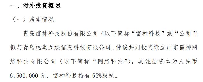 雷神科技斥资650万设立青岛网络科技公司，布局数字化新赛道
